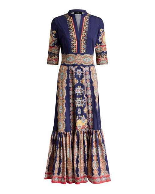 Etro Blue Printed Cotton Midi Dress