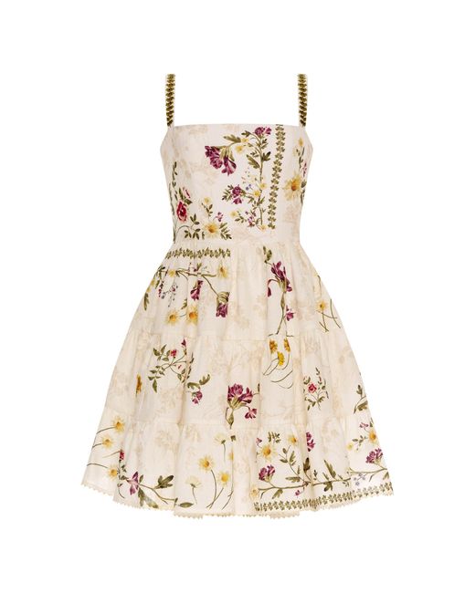 Agua Bendita Natural Lima Tiered Floral Linen Mini Dress