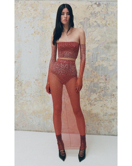 Alex Perry Red Crystal-embellished Power Mesh Crop Top