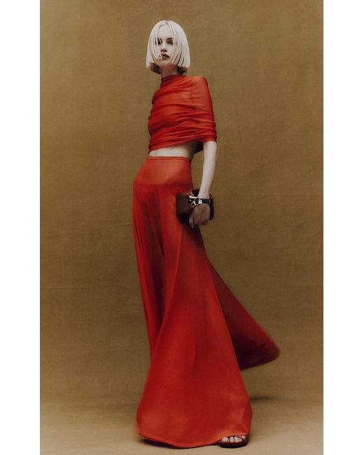 Brandon Maxwell Red The Lyra Ruched Sheer Knit Top