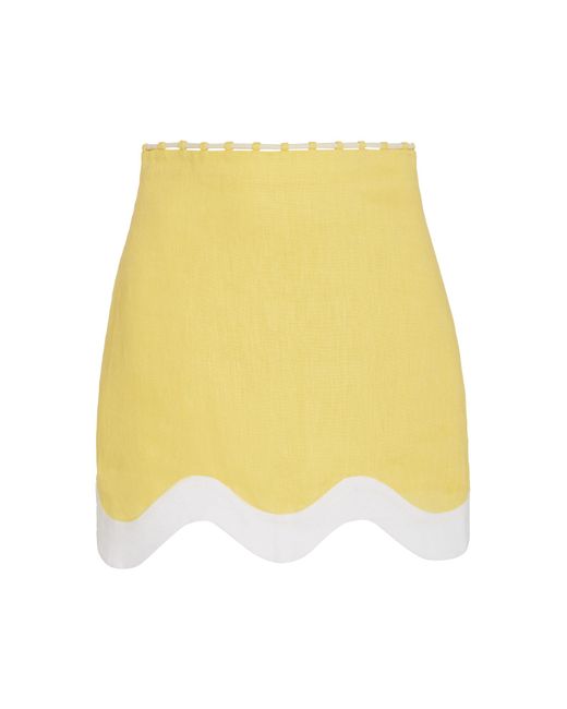 Staud Yellow Arianna Scalloped Linen Mini Skirt