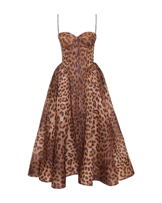 Zimmermann Brown Crush-Print Linen-Silk Bustier Midi Dress