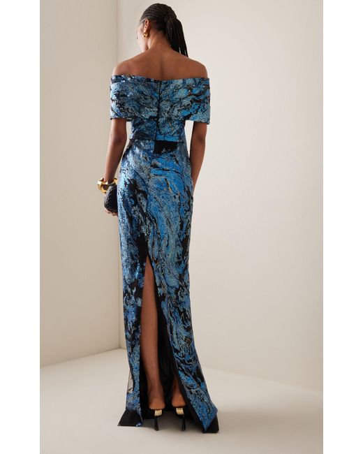Pamella Roland Blue Sequin-embroidered Tulle Gown