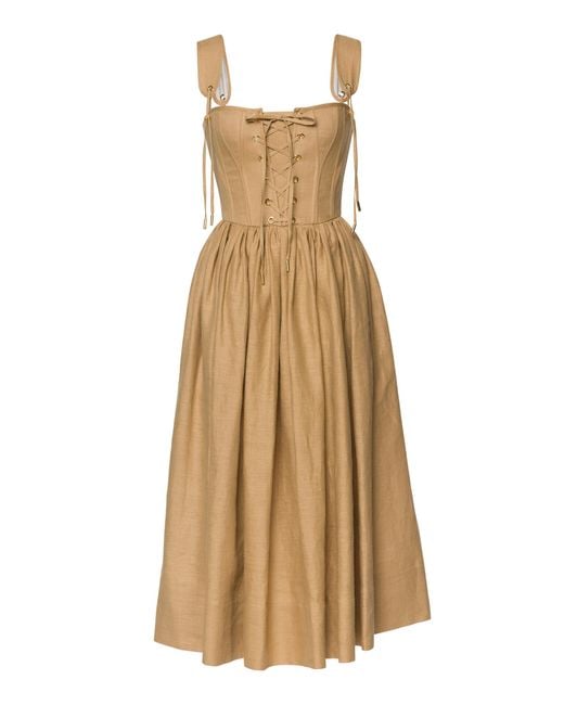 Lena Hoschek Natural Giuseppina Lace-Up Linen Midi Dress