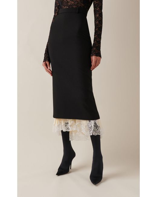Balenciaga Black Lace-trimmed Wool Midi Pencil Skirt