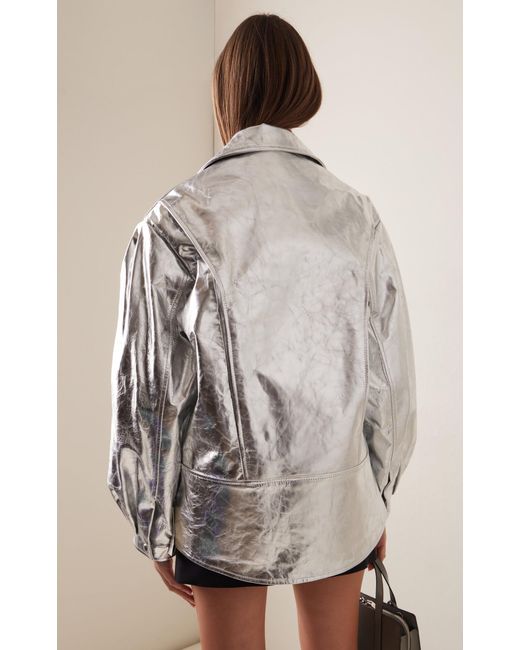 Simone Rocha White Puff-sleeve Metallic Leather Biker Jacket