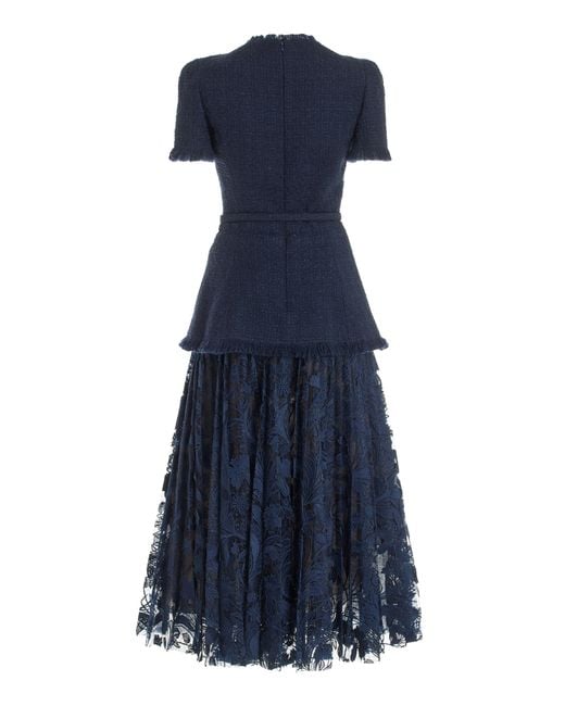 Oscar de la Renta Blue Tailored Guipure-lace Wool-tweed Maxi Dress