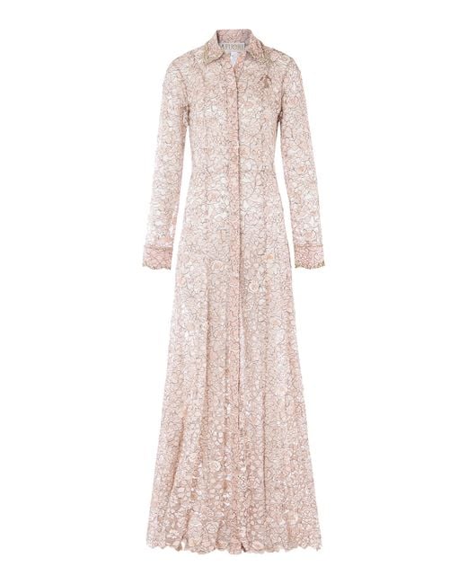La Fuori Pink Ballet Rose Embellished Lace Maxi Shirt Dress
