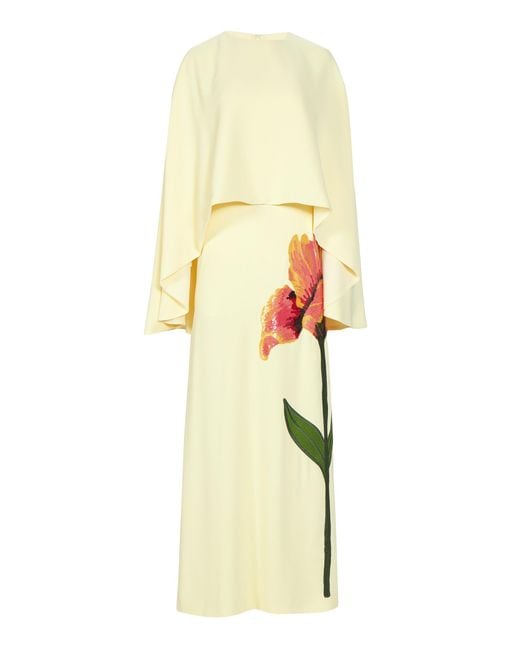 Costarellos White Meena Floral-Appliqued Crepe Cape-Effect Column Gown