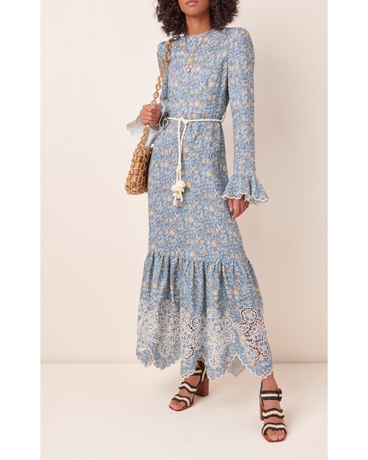 Zimmermann Carnaby Ropebelt Floralprint Linen Midi Dress in Blue
