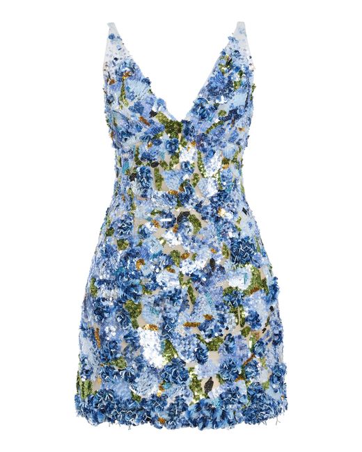Oscar de la Renta Blue Bead-Embroidered Cocktail Dress