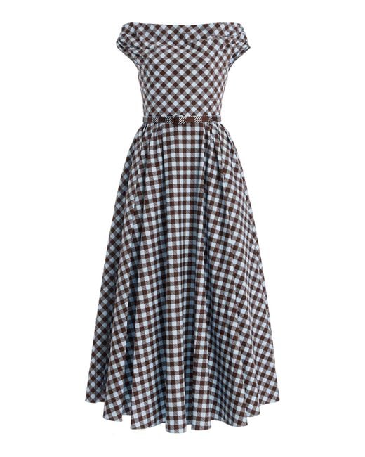 Oscar de la Renta White Belted Off-The-Shoulder Gingham Poplin Midi Dress