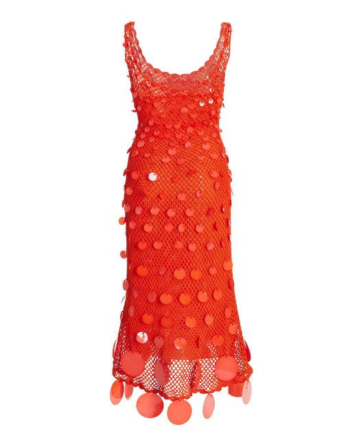 Oscar de la Renta Red Exclusive Paillette-sequined Crocheted Cotton Midi Dress