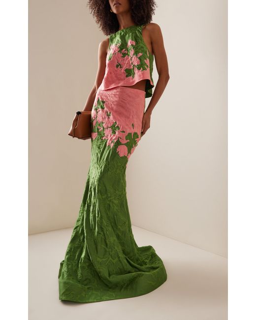 Rosie Assoulin Green Blown Away Embroidered Satin Jacquard Maxi Skirt