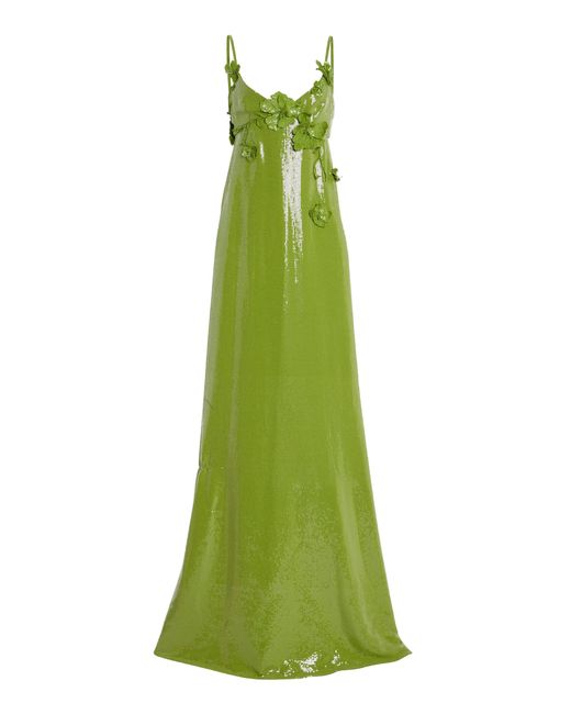 Oscar de la Renta Green Embellished Sequined Jersey Gown
