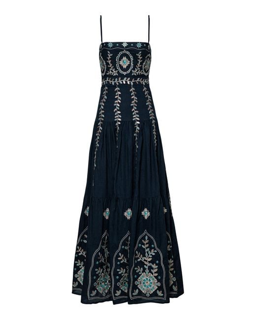 Agua Bendita Blue Lima Relicario Embroidered Linen Maxi Dress