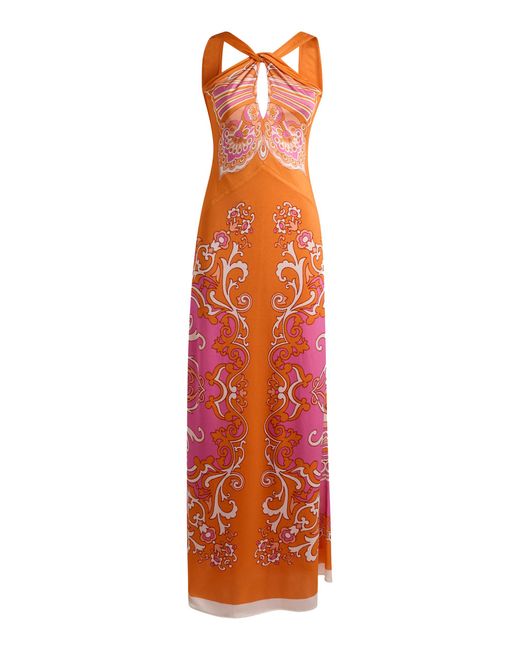 Etro Orange Printed Keyhol Maxi Dress