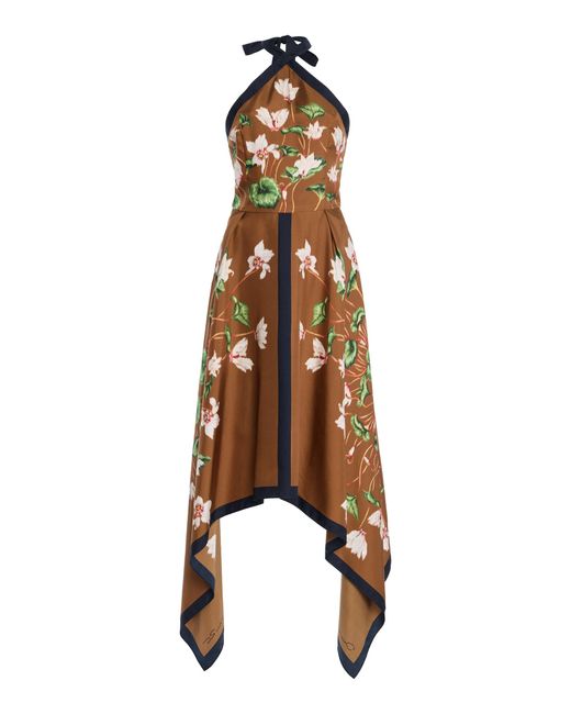 Oscar de la Renta Natural Cyclamen Silk Halter Midi Dress