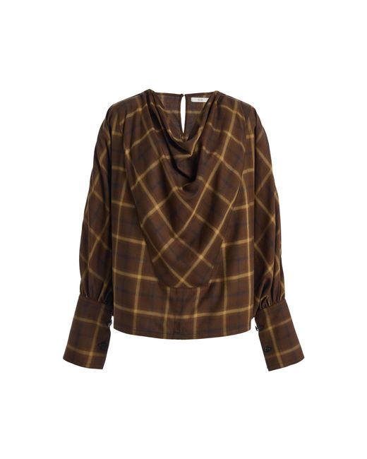 Co. Brown Draped Check Plaid Tunic Top