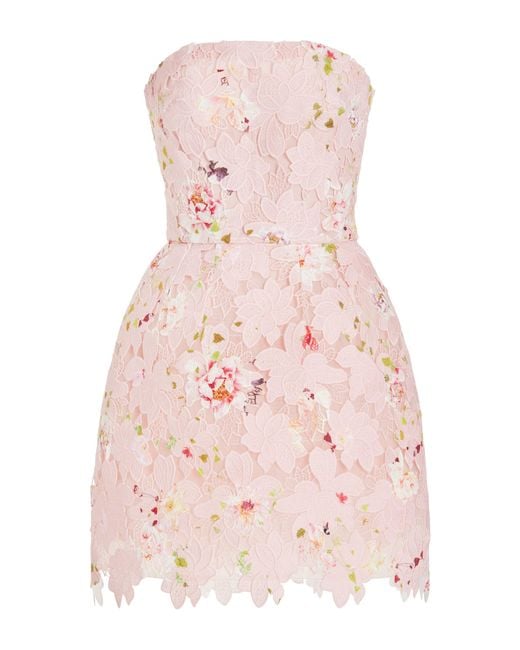 Monique Lhuillier Pink Strapless Lace-detailed Printed Mini Dress