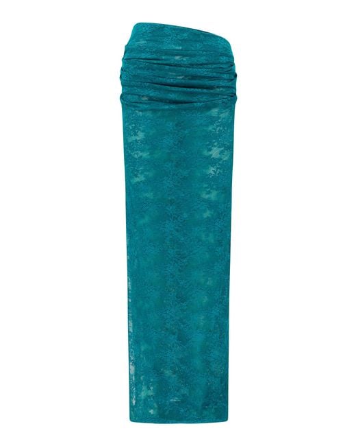 Alex Perry Blue Tucked Sheer Stretch Lace Maxi Column Skirt
