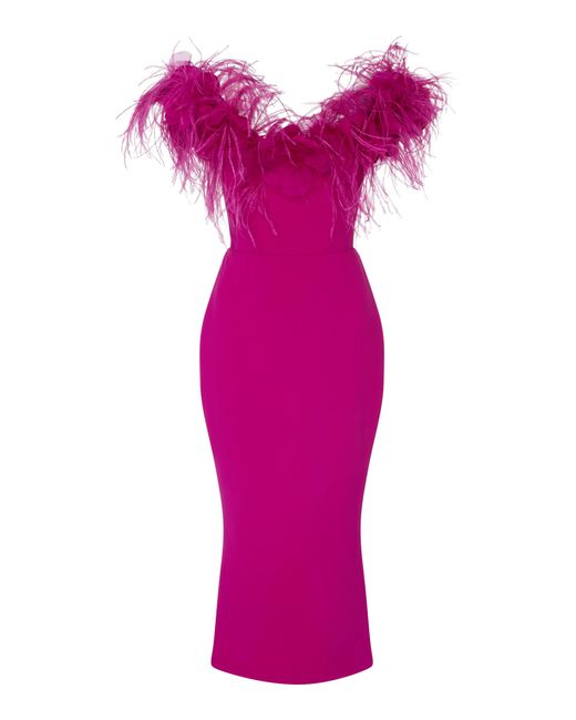 Marchesa Pink Off The Shoulder Feather Midi Dress
