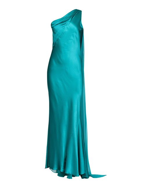 Francesca Miranda Blue Petalo One-Shoulder Silk Maxi Dress
