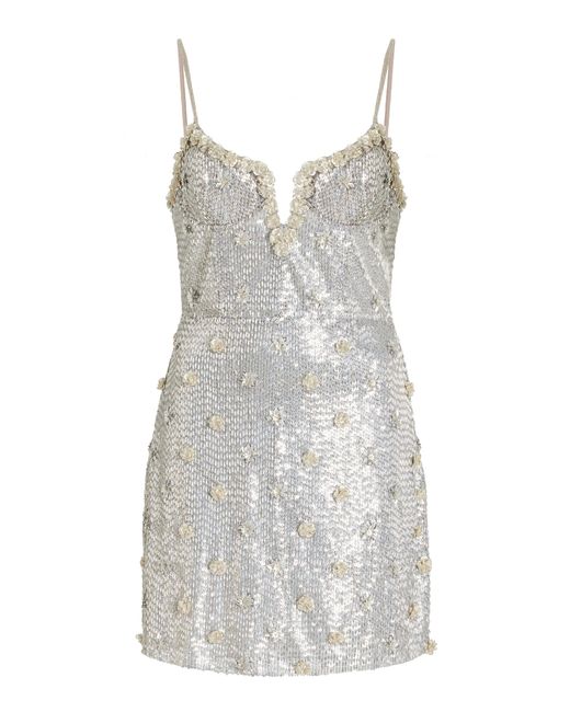 Cucculelli Shaheen White Metal Rosettes Beaded Mini Dress