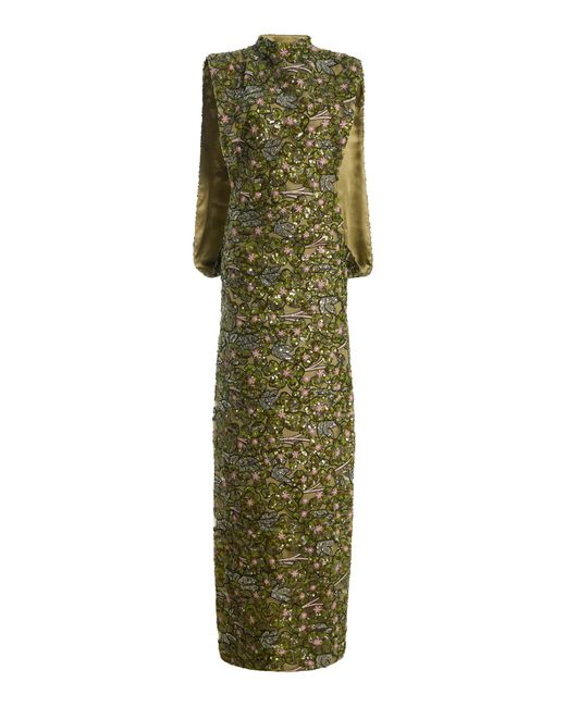 Atelier Prabal Gurung Green Sequin Embroidered Tulle Mock-Neck Open Cocoon Column Dress