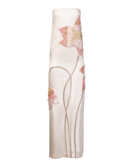 La Fuori Natural Rosebud-Embroidered Silk Maxi Dress