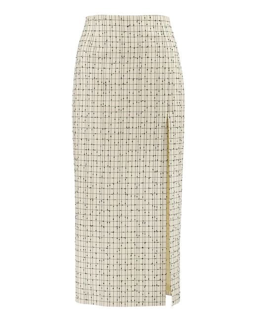 Carolina Herrera Natural Side-Slit Slub Yarn Check Tailoring Midi Pencil Skirt