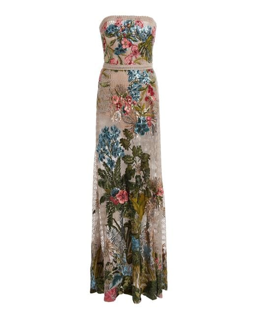 Elie Saab White Floral Embroidered Tulled Maxi Dress