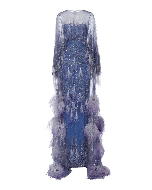 Pamella Roland Blue Sequined And Feather Cape-overlay Gown