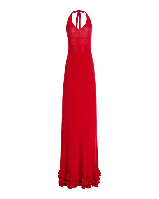 Brandon Maxwell Exclusive The Brighton Ruffled Cashmere Halter Maxi Dress  in Red | Lyst
