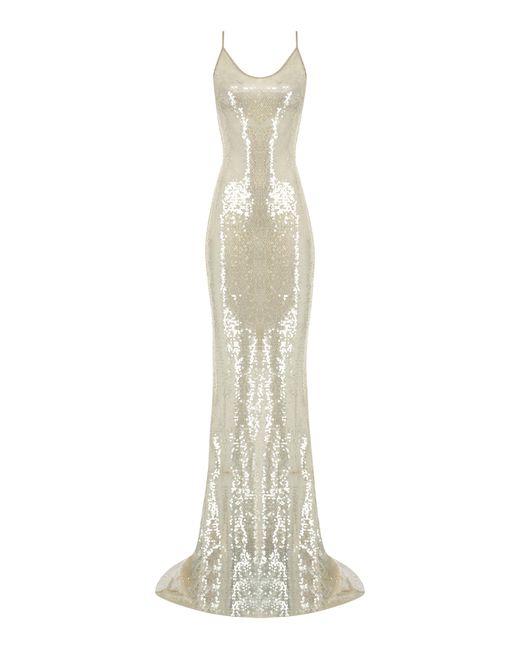 The New Arrivals Ilkyaz Ozel White Gwyneth Sequined Maxi Slip Dress
