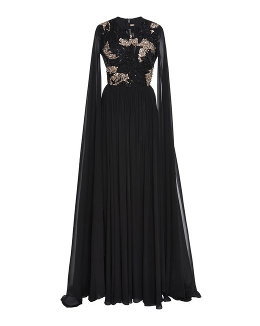 Elie Saab Black Embellished Bodice Gown With Cape Sleeves