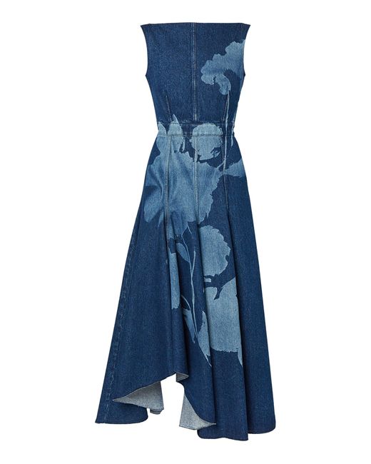 Erdem Blue Floral-printed Denim Midi Dress