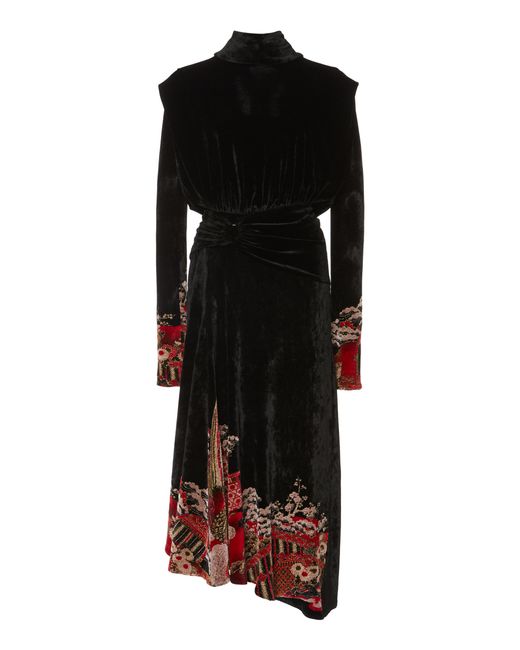 Paco Rabanne Black Chinoise Printed Velvet Midi Dress