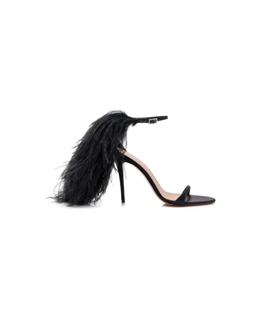 AMINA MUADDI Black Jerry Feather-Trimmed Satin Sandals