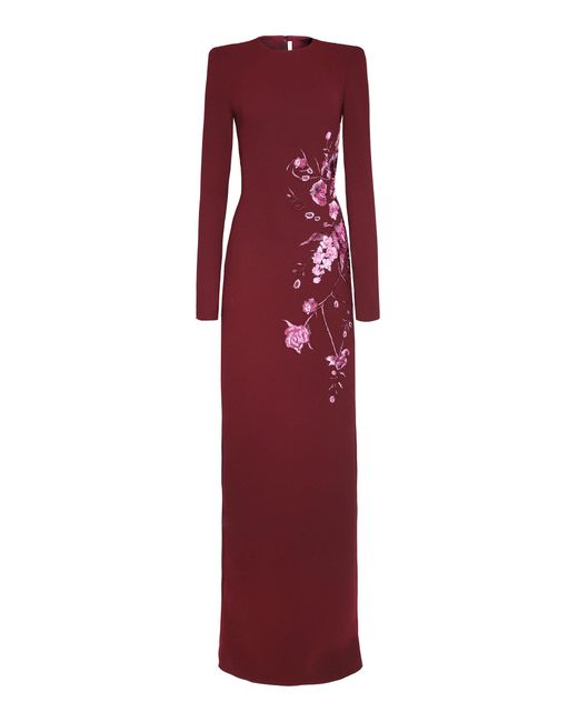 Naeem Khan Red Crepe Floral Applique Long Sleeve Column Dress