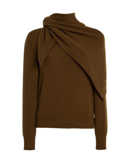 Oscar de la Renta Brown Scarf-Detailed Cashmere Sweater