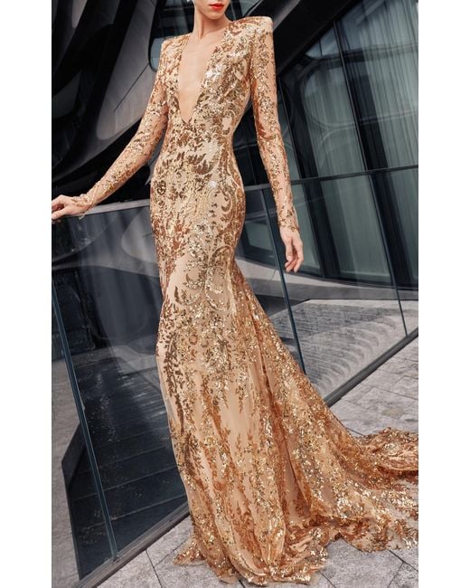 Naeem Khan Metallic Sequin Embroidered Gown With Fitted Skirt