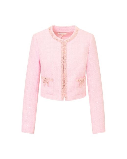 LoveShackFancy Pink Kelli Embellished Tweed Jacket