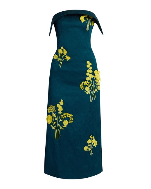 Erdem Blue Embroidered Floral Satin Midi Dress