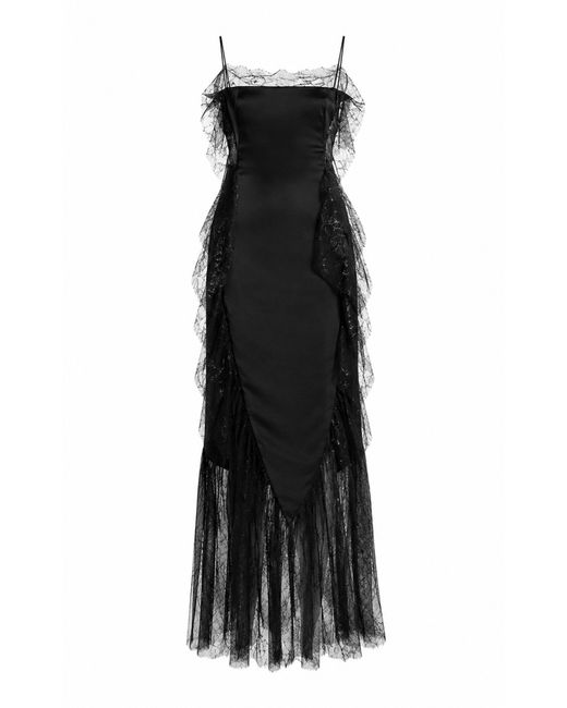 Sandra Mansour Black Shadowplay Satin Lace Maxi Dress
