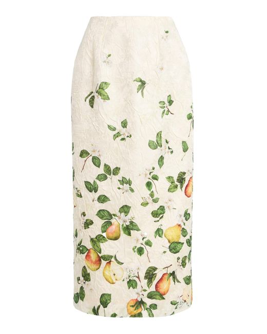 Oscar de la Renta Natural Floral Degradé Crushed Satin Midi Skirt
