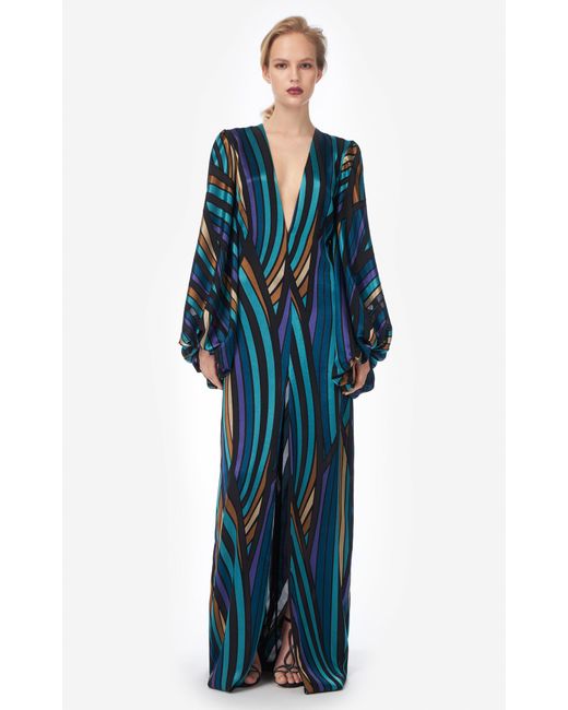 Costarellos Blue Willow Printed Satin Column Gown