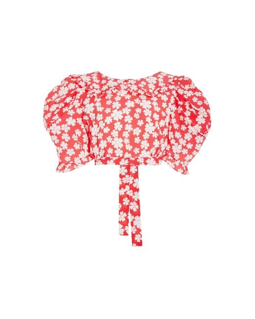 Miu Miu Red Puff-Sleeve Silk Open-Back Crop Top