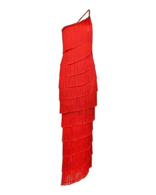 Francesca Miranda Red Isidora Fringed Silk-Blend Maxi Dress