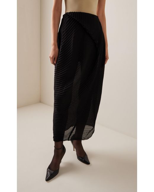 The Row Black Yuki Asymmetric Plissé Georgette Midi Skirt